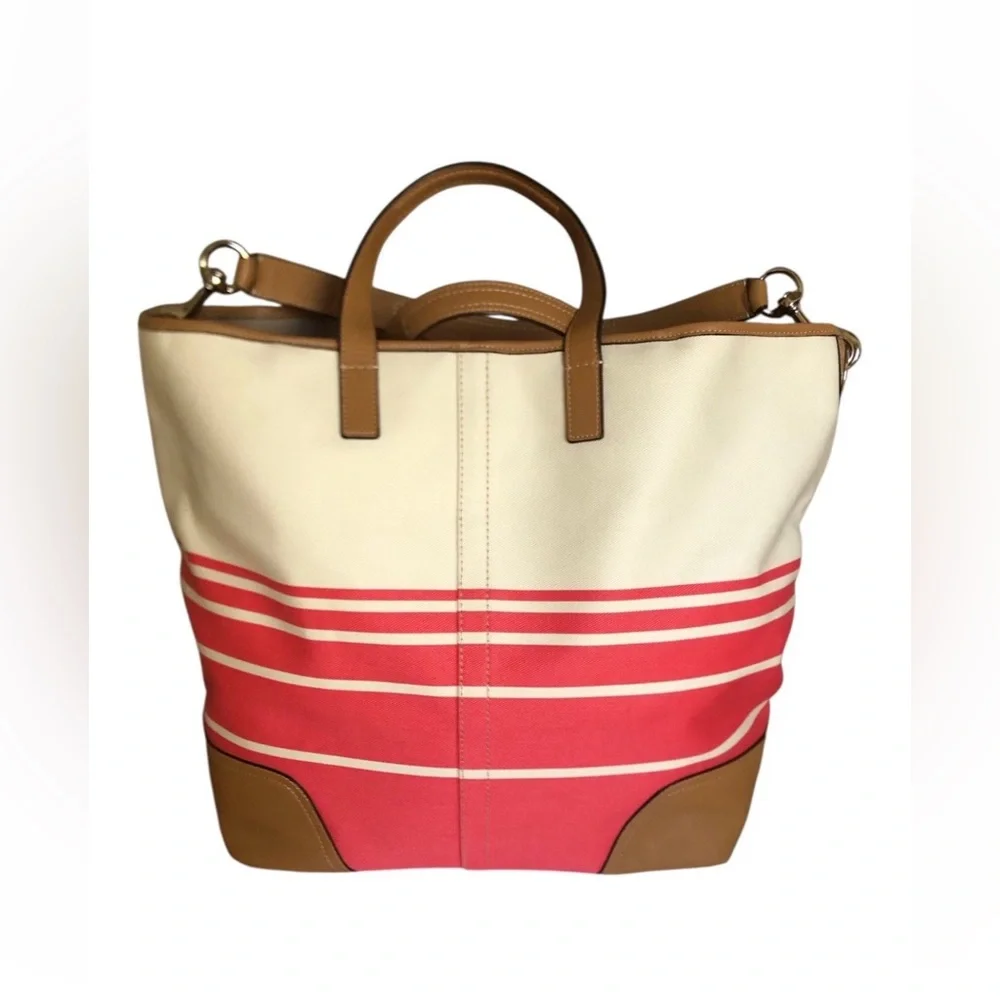 COACH Hadley Variegated Coral & Beige Striped Canvas Leather Duffel Tote Bag
